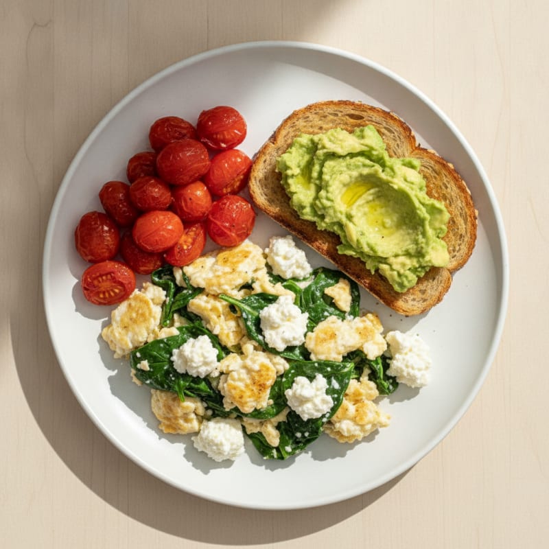 Egg White and Spinach Scramble with Cottage Cheese and Cherry Tomatoes
