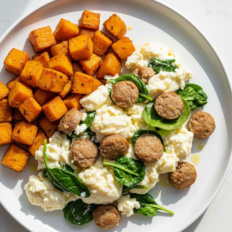 Egg White Scramble with Turkey Sausage and Roasted Sweet Potato