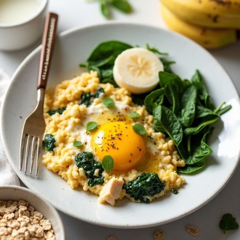 Egg White and Spinach Scramble with Cottage Cheese and Sliced Turkey