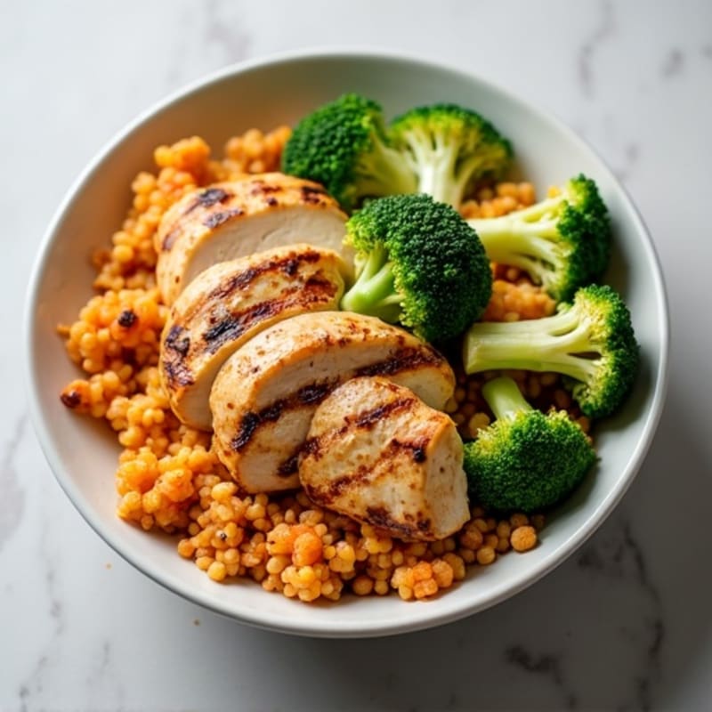 Grilled Chicken and Broccoli Rice Bowl with Roasted Cauliflower