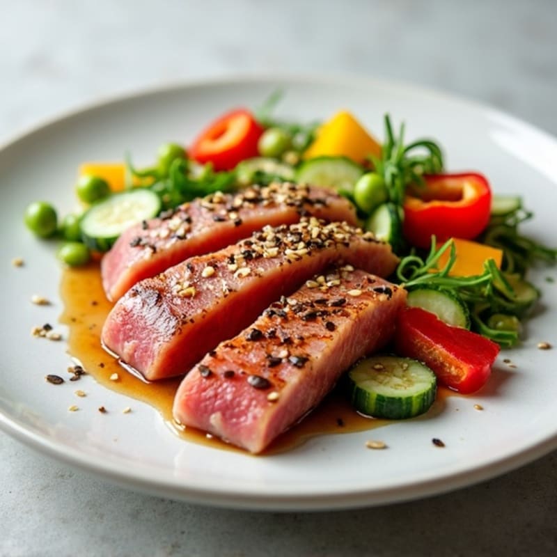 Fresh Ahi Tuna with Sesame-Ginger Dressing and Crispy Vegetables
