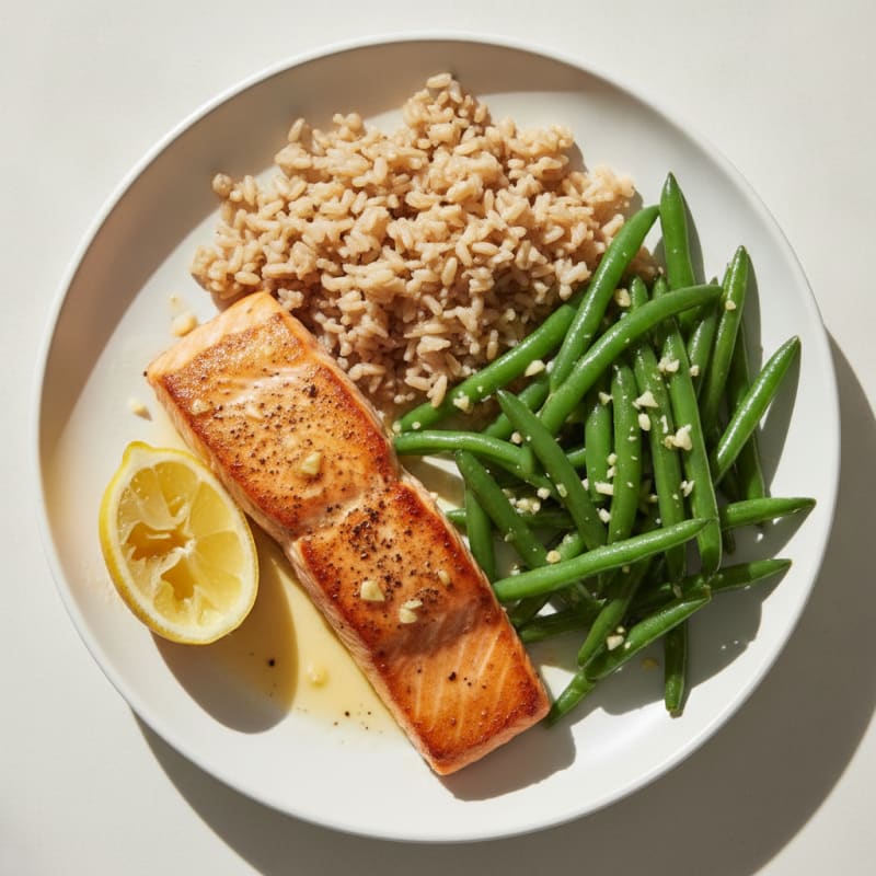 Seared Salmon with Garlic Green Beans and Brown Rice