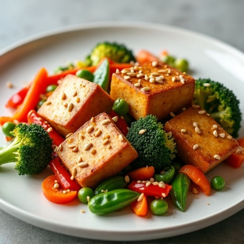 Crispy Sesame Tofu with Vibrant Vegetable Stir-Fry
