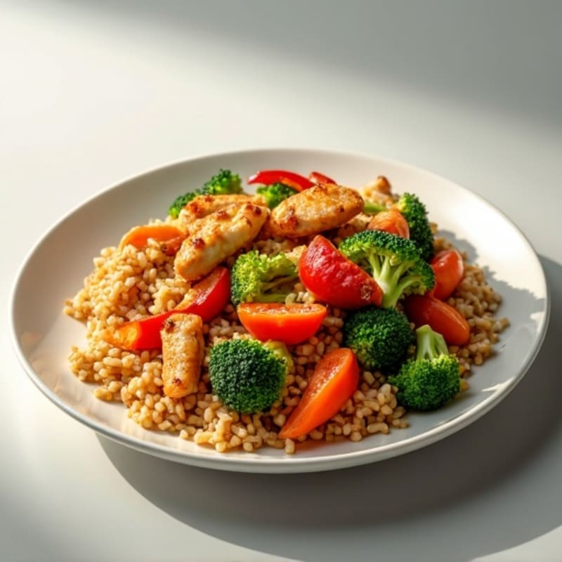 Crispy Chicken and Fresh Vegetable Brown Rice Stir-Fry