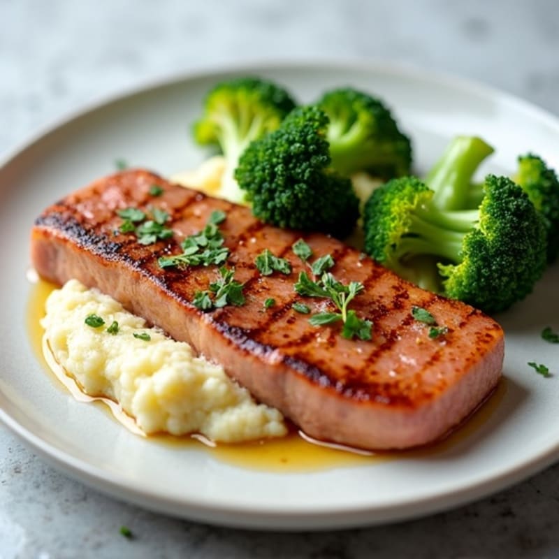 Seared Tuna Steak with Steamed Broccoli and Cauliflower Mash