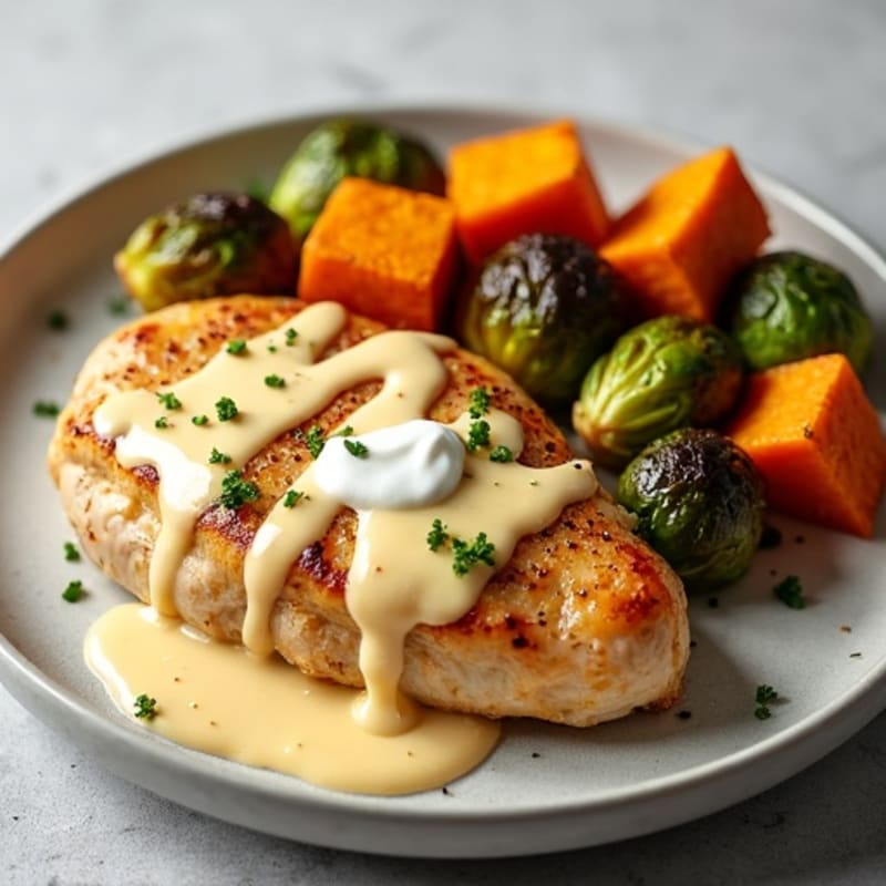 Creamy Garlic Chicken with Roasted Sweet Potatoes and Crispy Brussels Sprouts