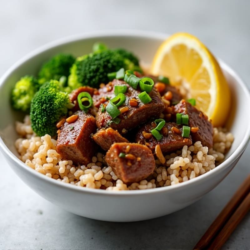 Savory Garlic-Ginger Beef and Crispy Broccoli Rice Bowl