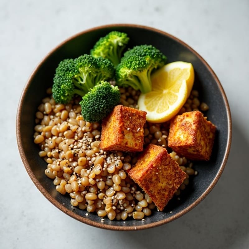 Crispy Tempeh and Lentil Power Bowl with Roasted Broccoli