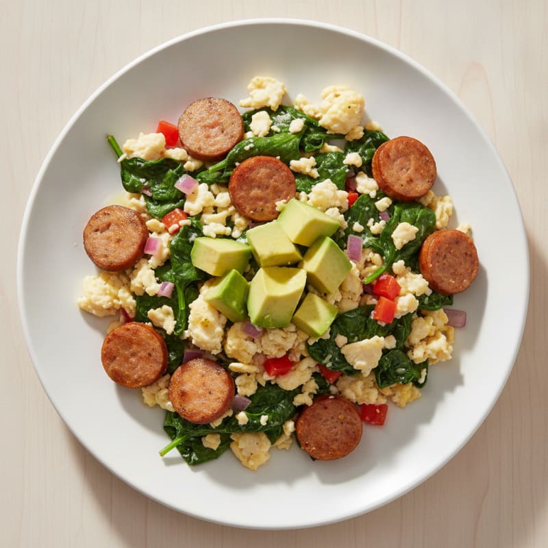 Egg White Scramble with Turkey Sausage and Sautéed Spinach