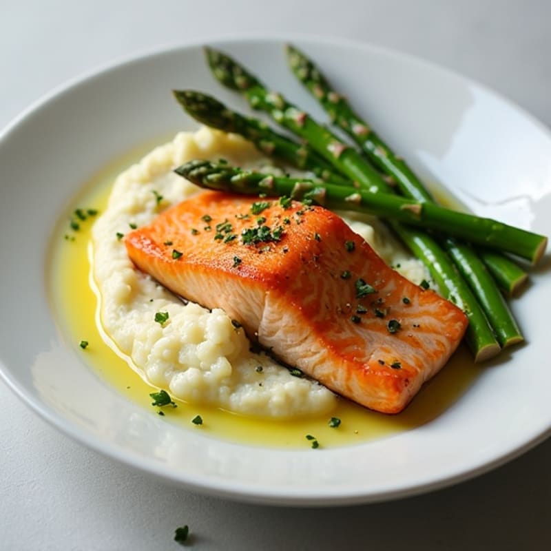 Seared Salmon with Steamed Asparagus and Cauliflower Mash