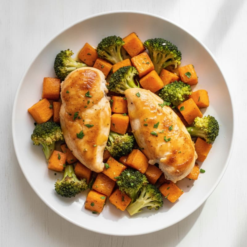 Sheet Pan Roasted Chicken and Sweet Potato with Garlic Broccoli
