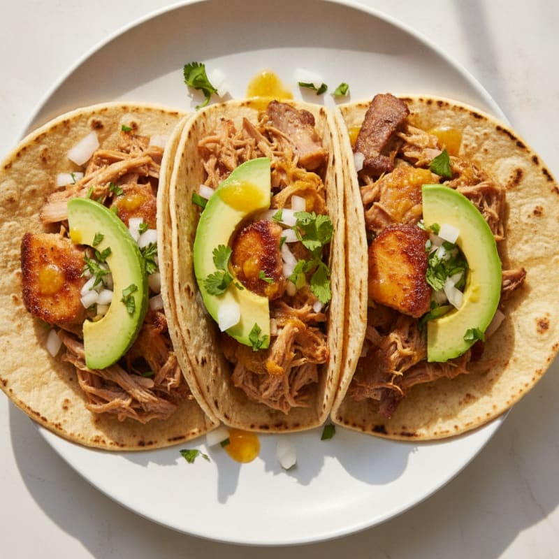 Slow-Cooked Pork Carnitas Tacos with Avocado