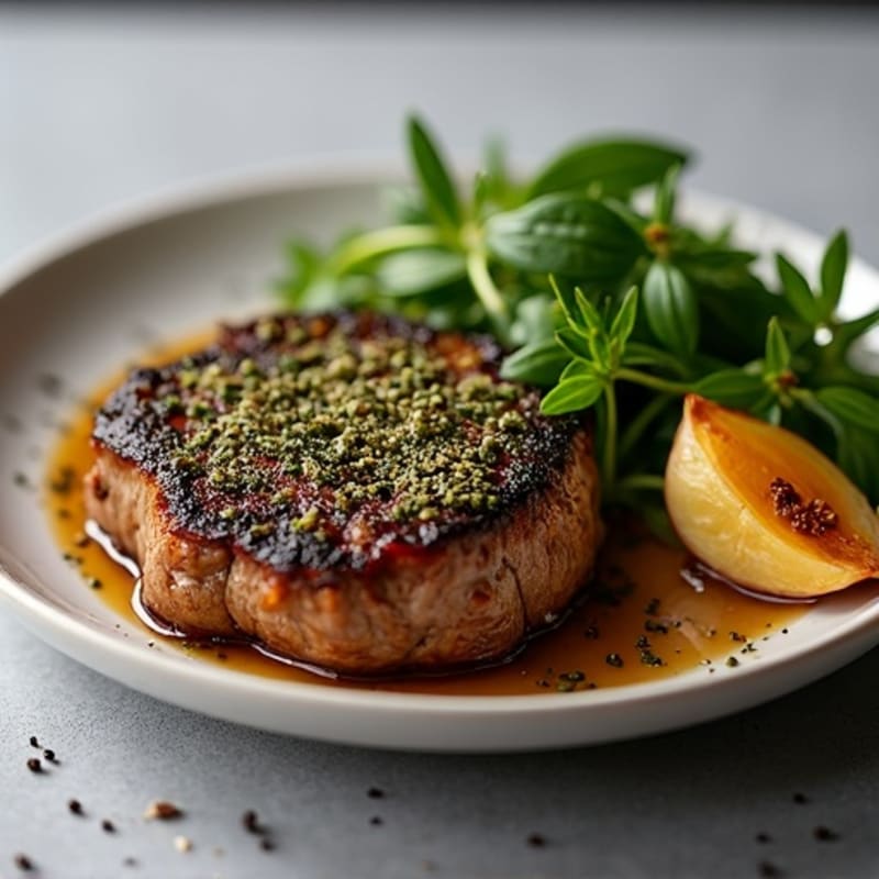 Herb-Crusted Pan Seared Steak with Roasted Garlic