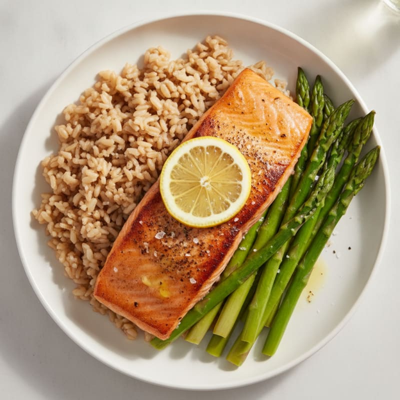 Seared Salmon Fillet with Steamed Asparagus and Brown Rice