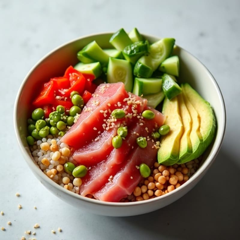 Fresh Ahi Tuna Poke Bowl with Crunchy Veggies and Creamy Avocado