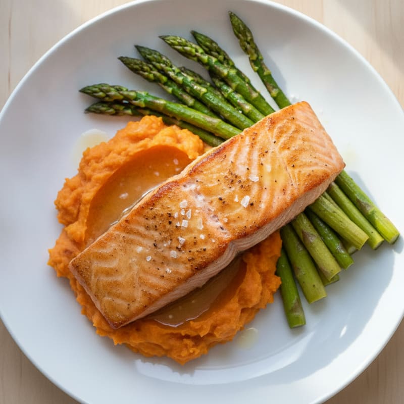 Seared Salmon Fillet with Roasted Asparagus and Sweet Potato Mash
