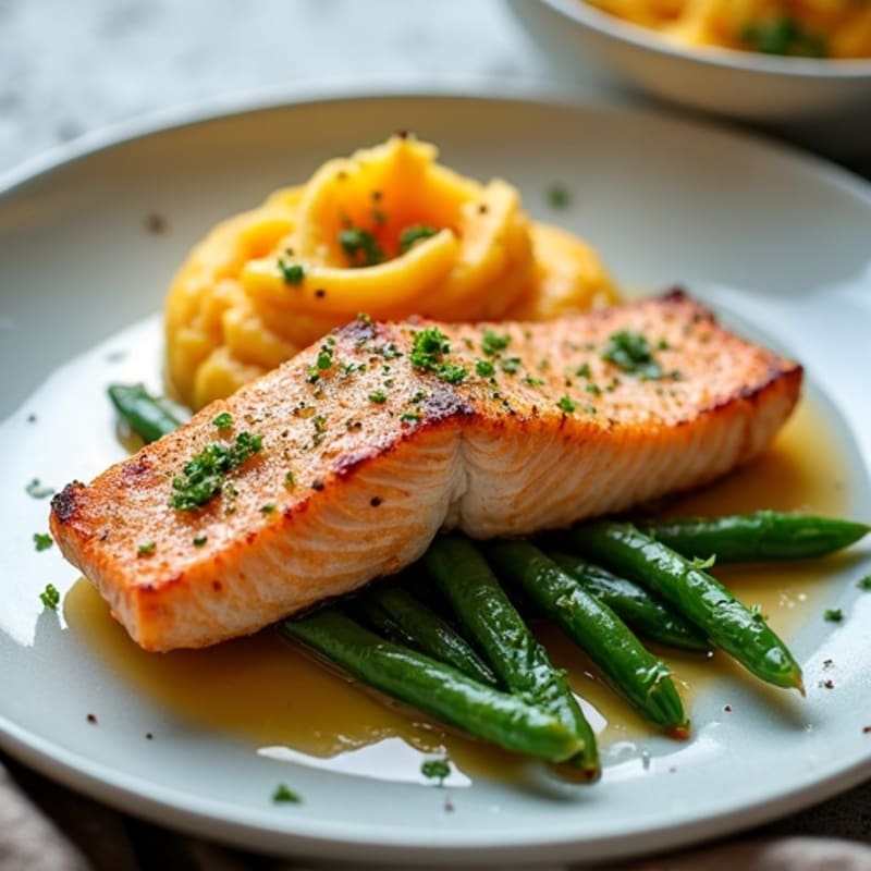 Seared Salmon Fillet with Garlic Green Beans and Mashed Sweet Potato