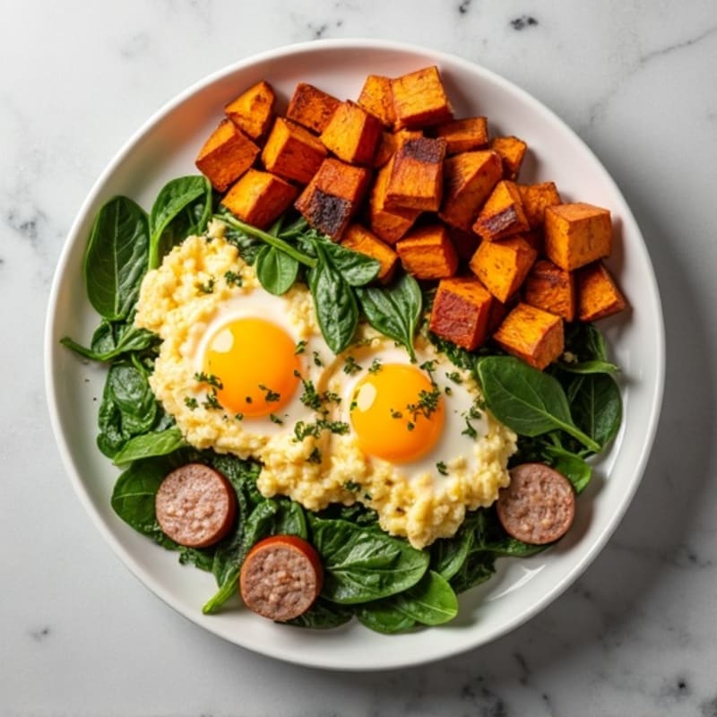 Egg White and Turkey Sausage Scramble with Spinach and Roasted Sweet Potatoes