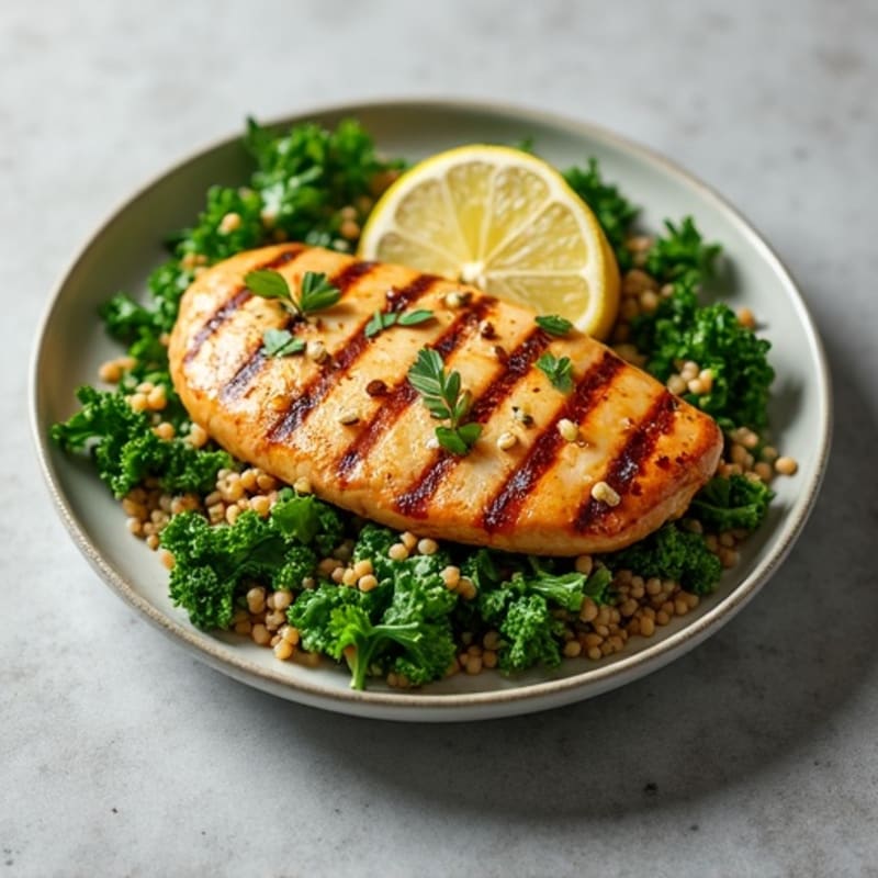Grilled Chicken Breast over Crunchy Kale and Quinoa Salad