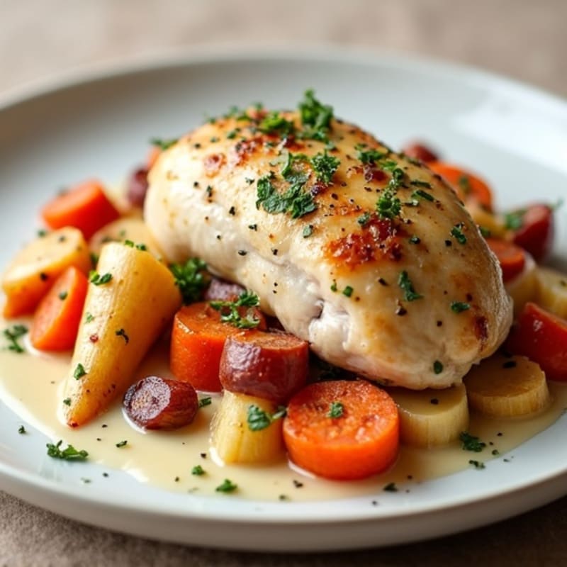 Creamy Herb-Roasted Chicken with Roasted Root Vegetables