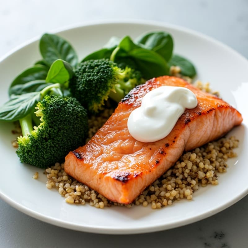 Grilled Salmon with Quinoa, Steamed Broccoli, and Spinach with Greek Yogurt Drizzle