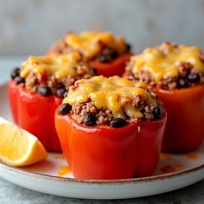 Cheesy Spiced Lean Ground Beef and Black Bean Stuffed Bell Peppers