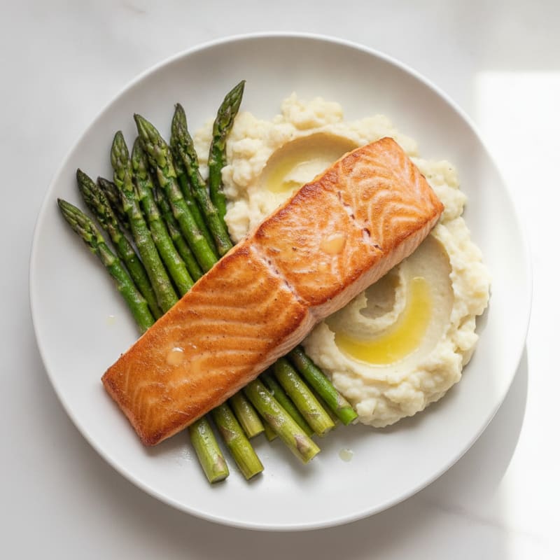 Seared Salmon Fillet with Roasted Asparagus and Cauliflower Mash