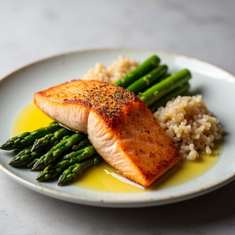 Seared Salmon with Steamed Asparagus and Brown Rice