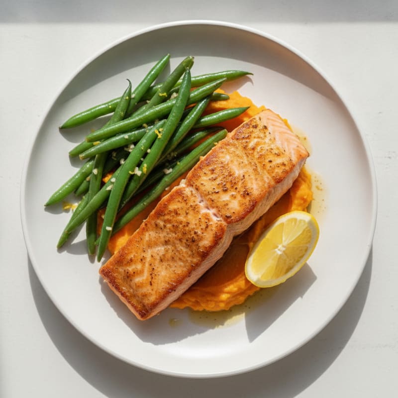 Seared Salmon with Garlic Green Beans and Sweet Potato Mash