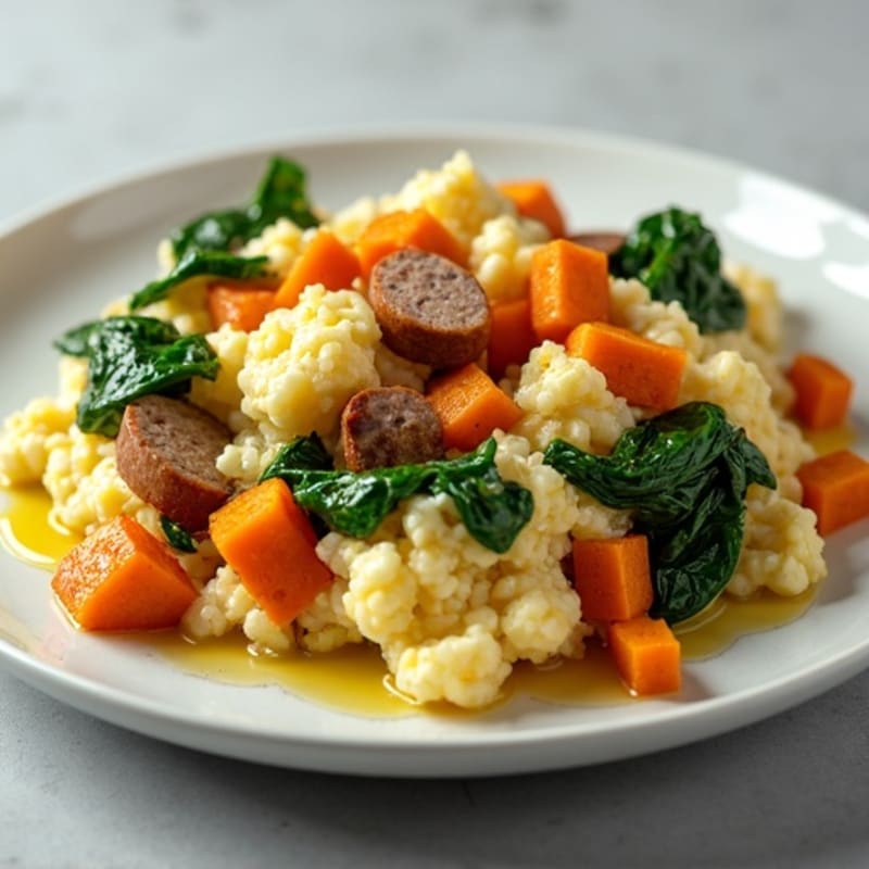 Egg White and Turkey Sausage Scramble with Spinach and Roasted Sweet Potato