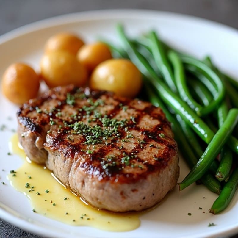 Garlic Butter Pan-Seared Steak with Crispy Roasted Potatoes and Fresh Green Beans