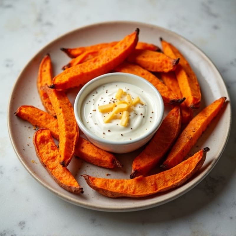 Crispy Baked Sweet Potato Fries with Smoky Cheesy Sauce