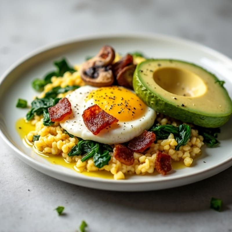 Egg White Spinach Scramble with Turkey Bacon and Sautéed Mushrooms