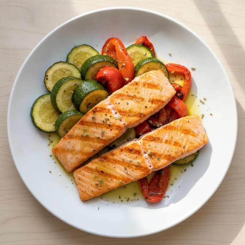Seared Salmon with Roasted Zucchini and Red Pepper