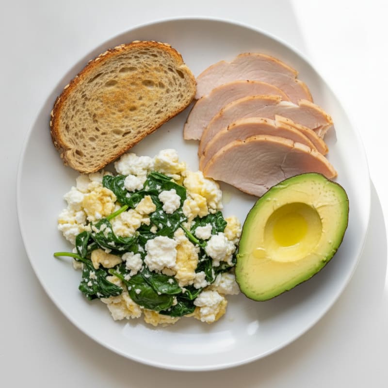 Egg White and Spinach Scramble with Cottage Cheese and Sliced Turkey