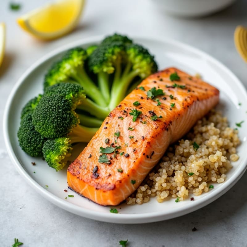 Grilled Salmon with Steamed Broccoli and Quinoa