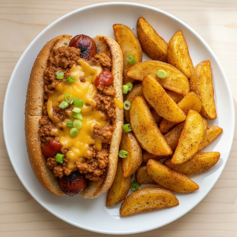 Chili Cheese Hot Dog with Seasoned Fries