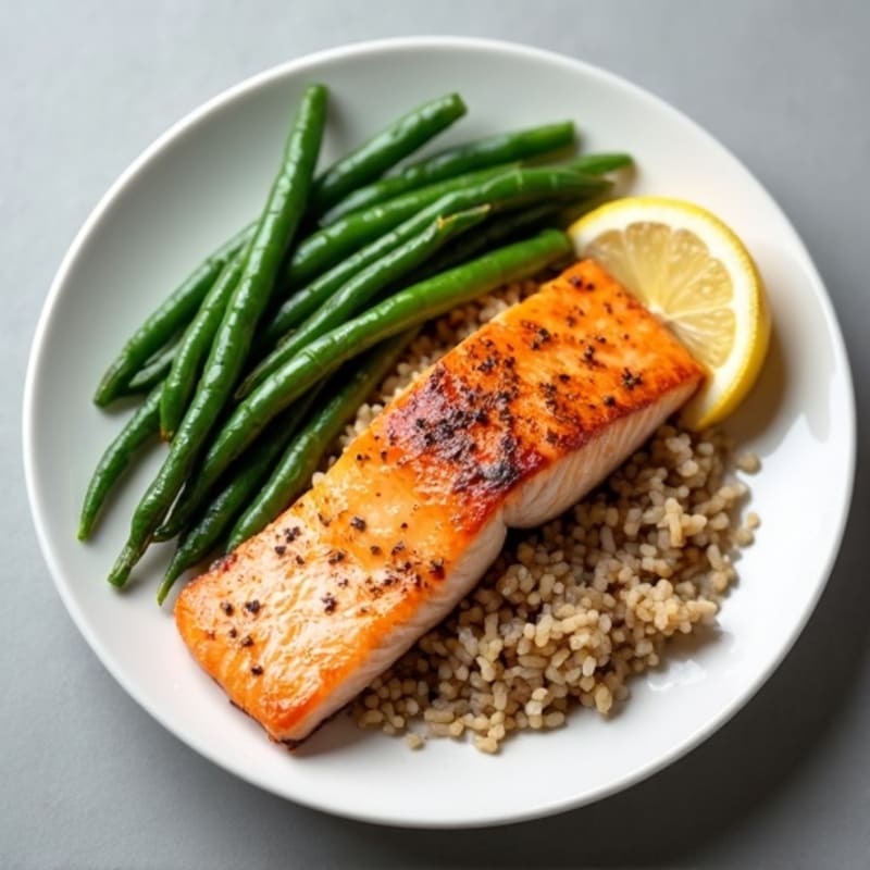 Seared Salmon with Steamed Green Beans and Brown Rice