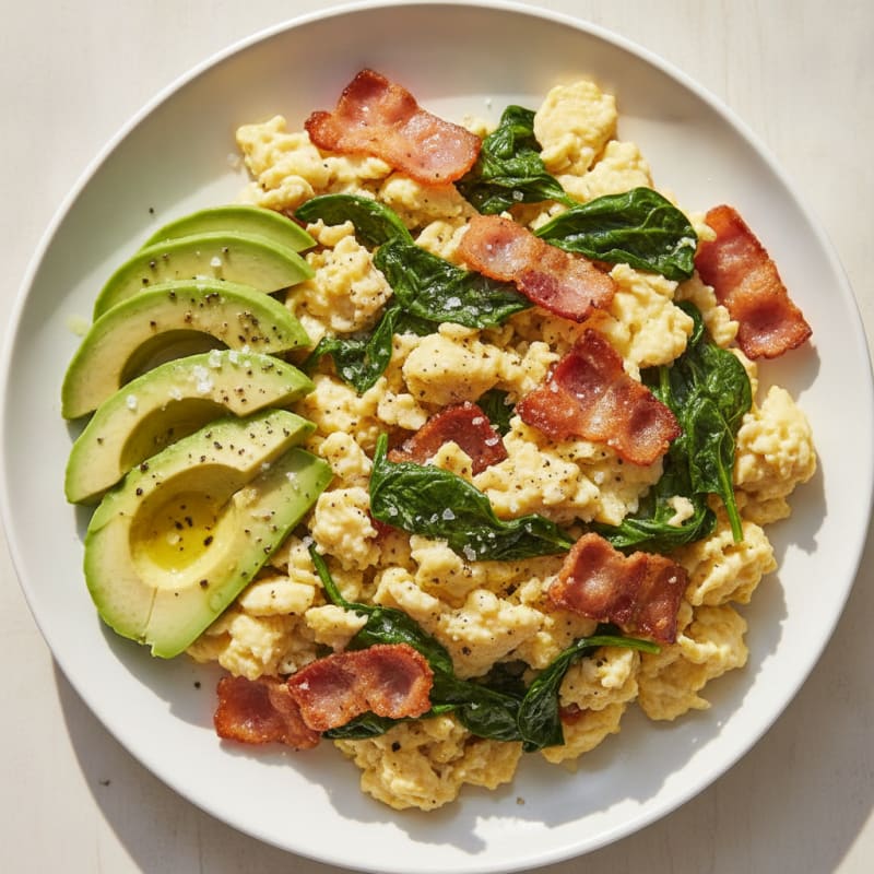 Crispy Turkey Bacon and Egg White Scramble with Sautéed Spinach
