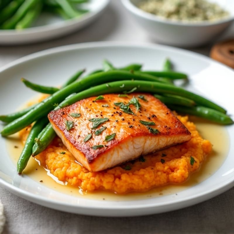 Seared Salmon with Garlic Green Beans and Sweet Potato Mash