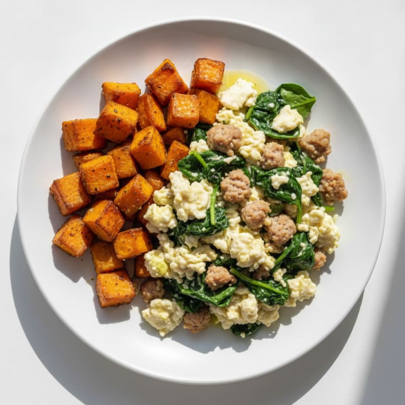 Egg White and Turkey Sausage Scramble with Spinach and Roasted Sweet Potato