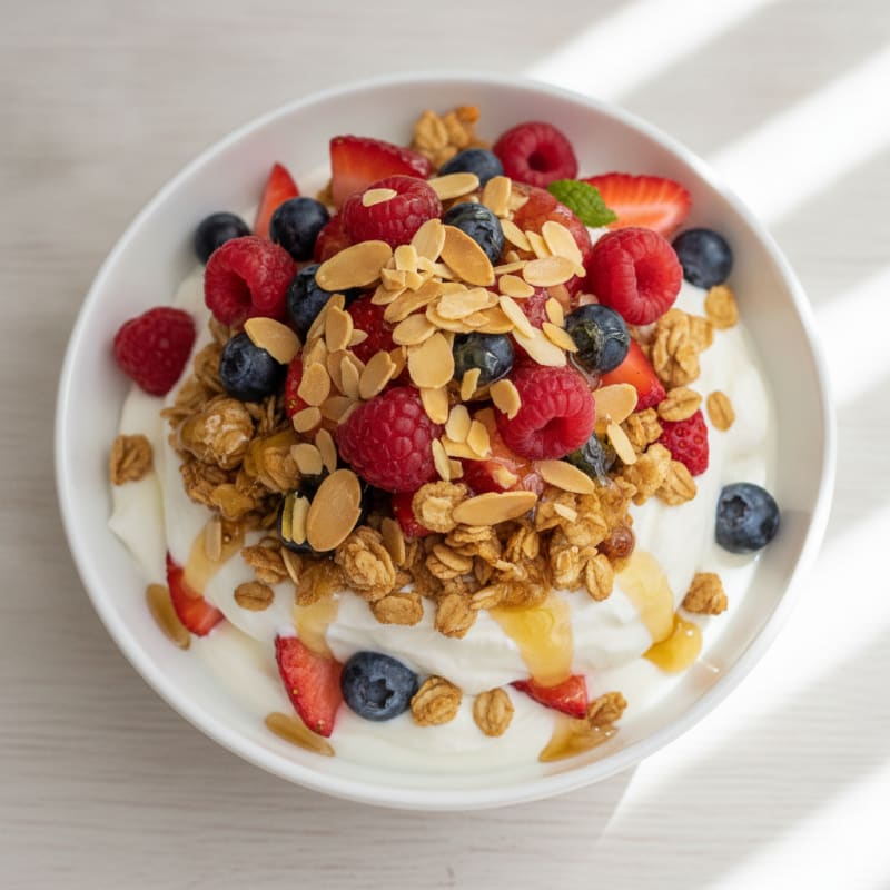 Creamy Greek Yogurt Parfait with Crunchy Almond Granola and Fresh Berries