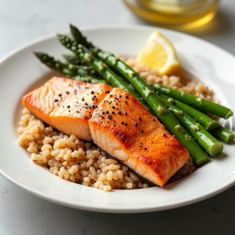 Seared Salmon Fillet with Steamed Asparagus and Brown Rice