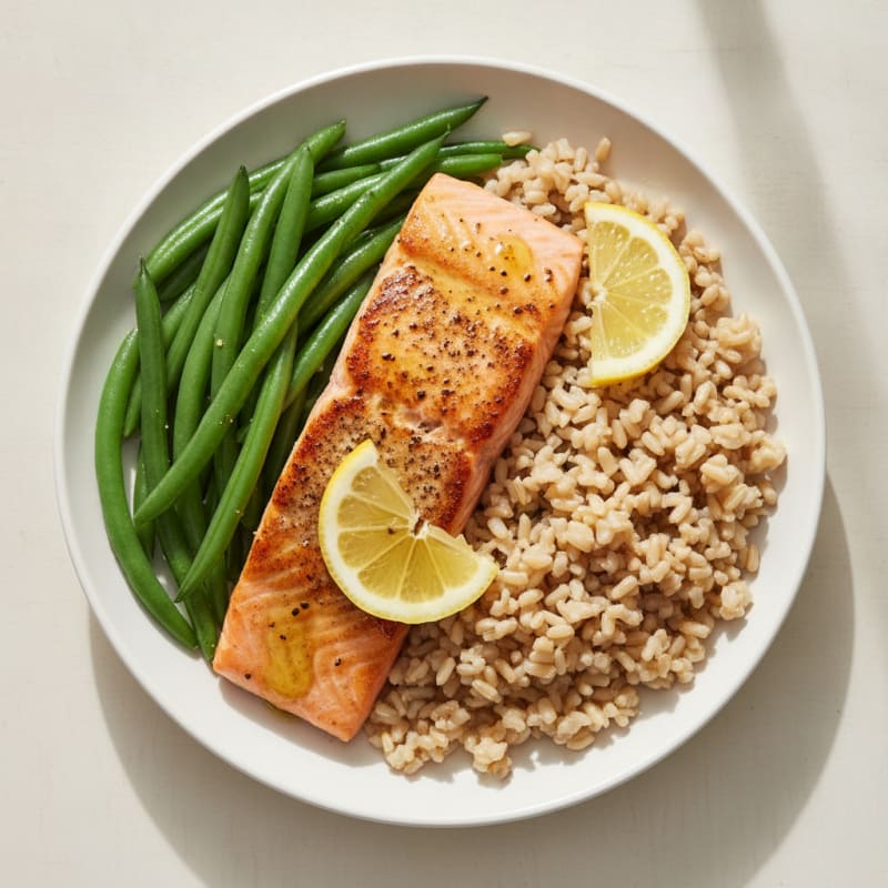 Seared Salmon with Steamed Green Beans and Brown Rice