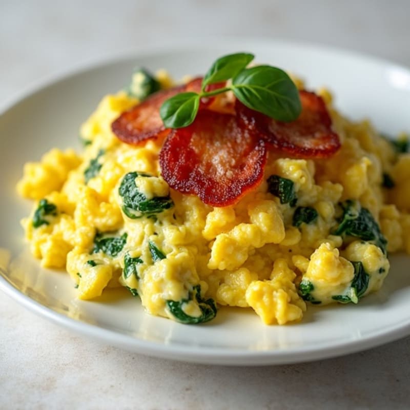 Creamy Scrambled Eggs with Fresh Spinach and Turkey Bacon