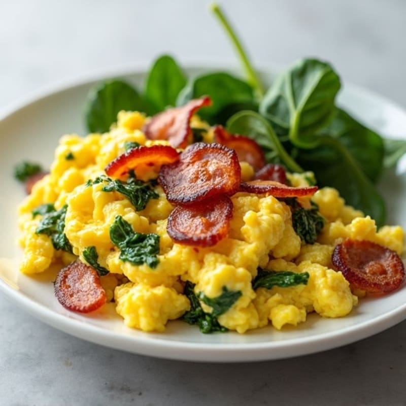 Fluffy Scrambled Eggs with Fresh Spinach and Crispy Turkey Bacon