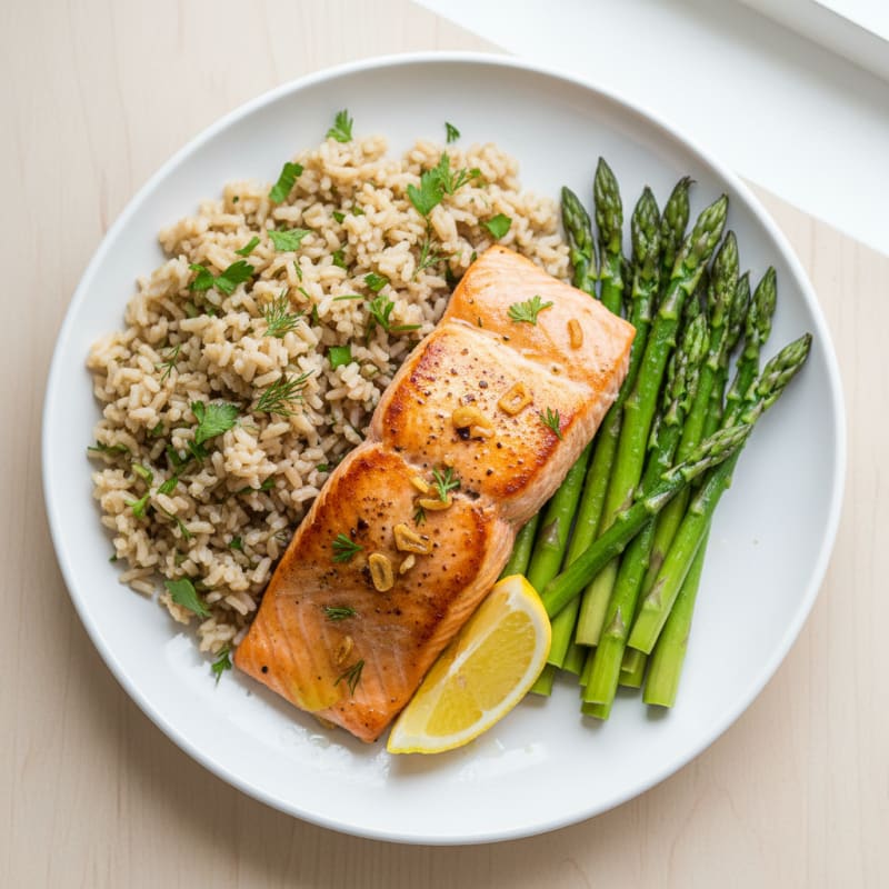 Seared Salmon with Steamed Asparagus and Herbed Brown Rice