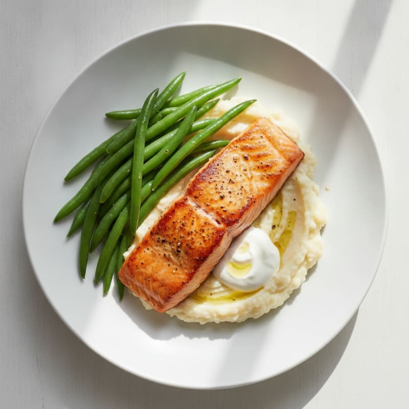 Seared Salmon with Steamed Green Beans and Garlic Mashed Cauliflower