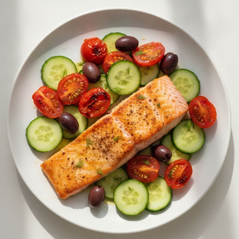 Pan-Seared Salmon with Roasted Tomato and Cucumber Medley