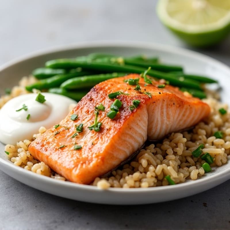 Seared Salmon with Garlic Green Beans and Brown Rice
